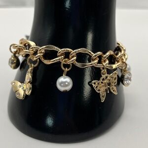 Gold Tone Chain Charm Bracelet Butterfly Pearl Rhinestone Fashion Jewelry